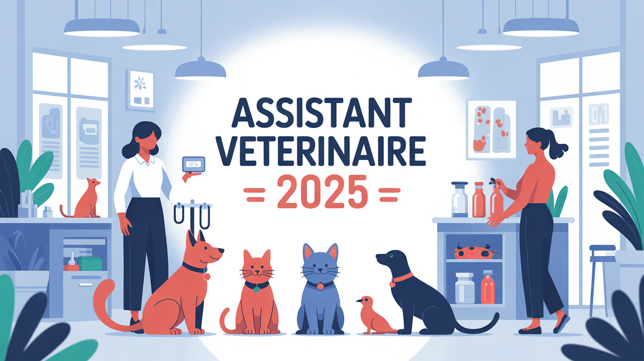 Illustration assistant veterinaire 2025 en clinique moderne avec animaux