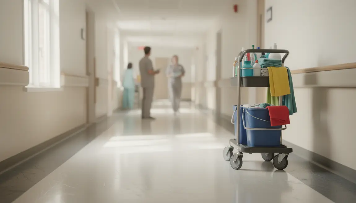 Couloir d’hôpital propre avec personnel ASH