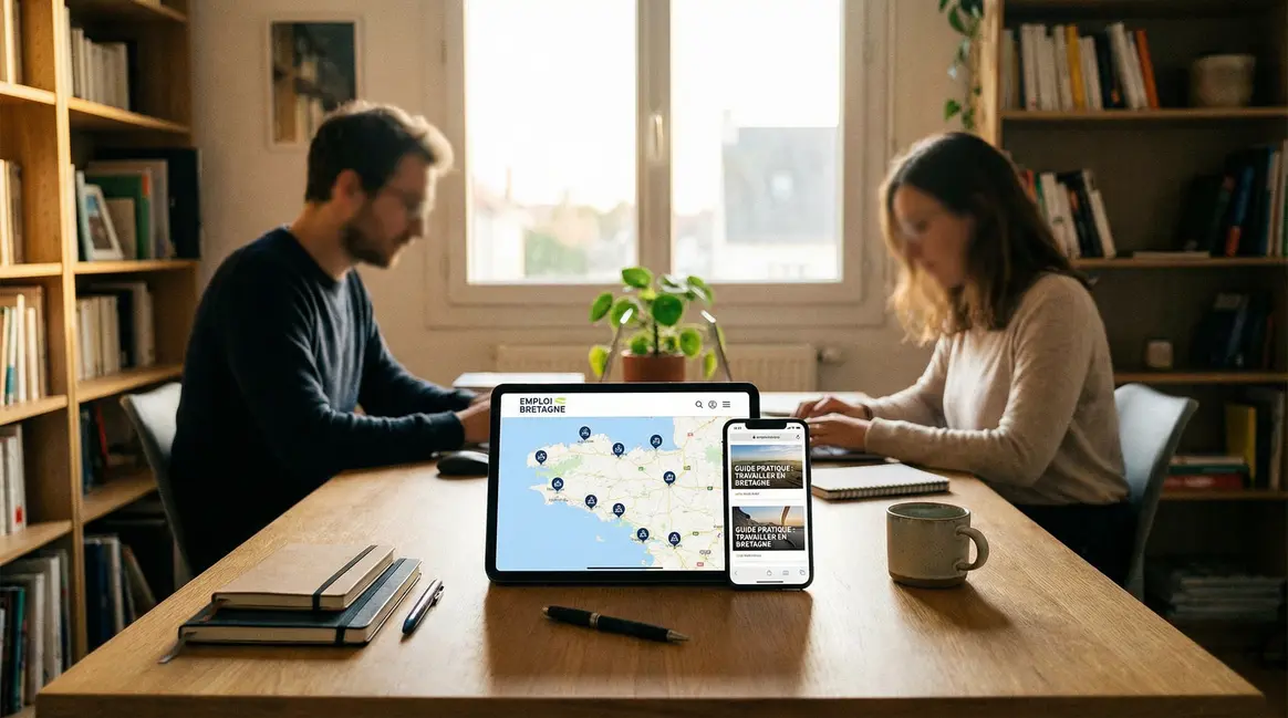 Bureau moderne avec tablette affichant annuaire agences emploi Bretagne