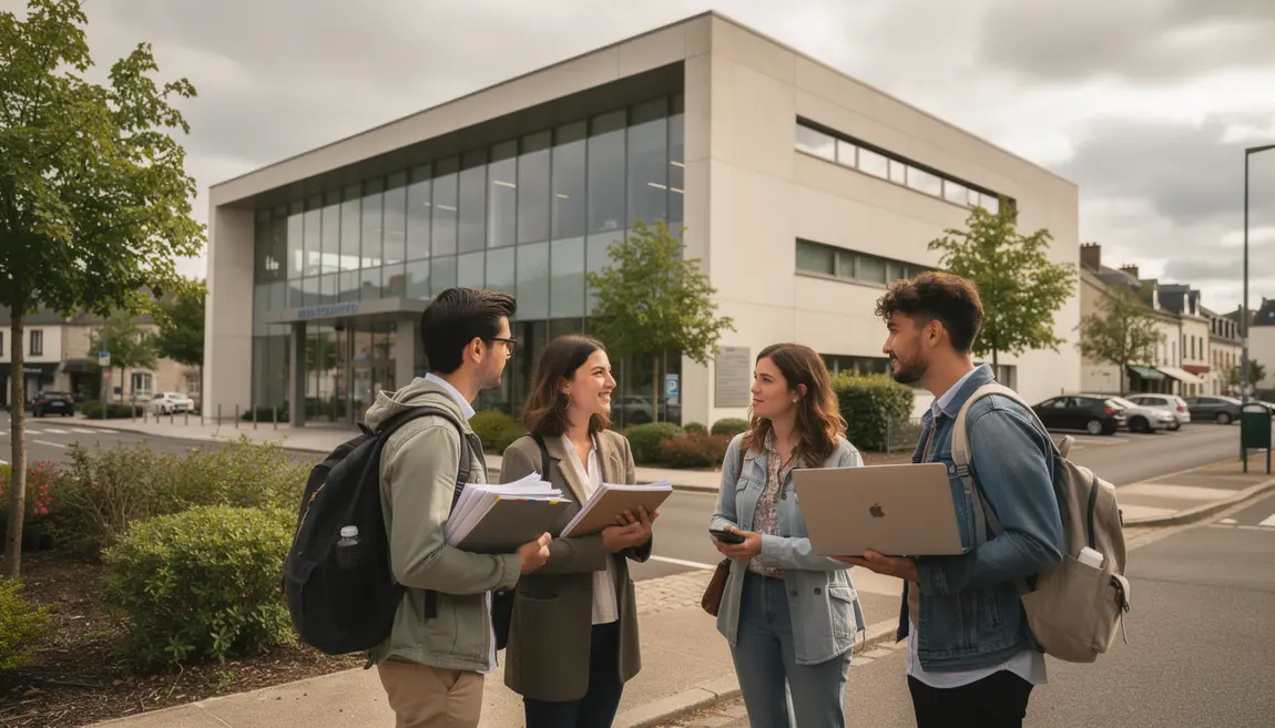 Jeunes adultes devant bâtiment administratif Centre-Bretagne chômage étudiant