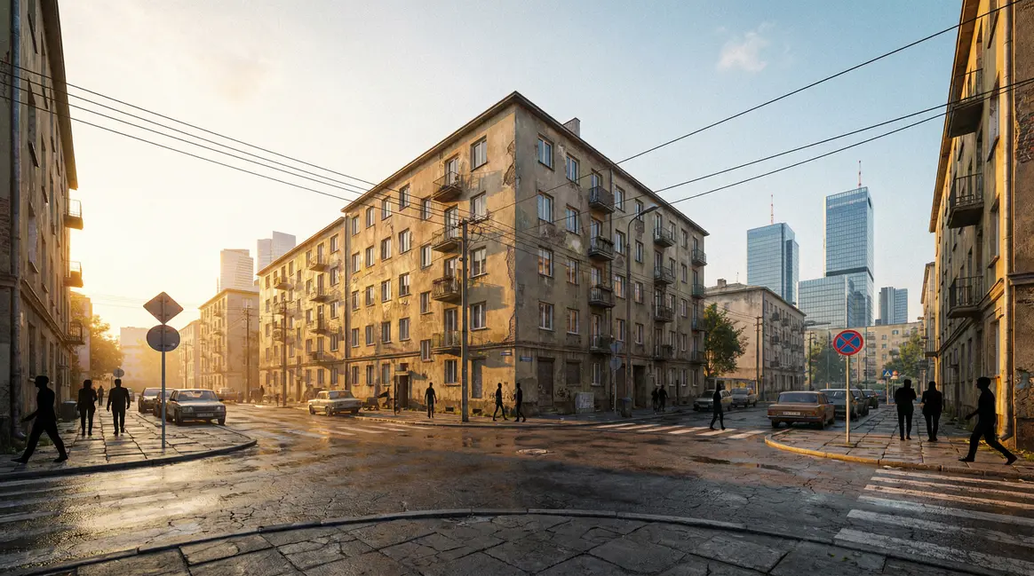 vue quartier urbain Pologne silhouettes travailleurs SMIC