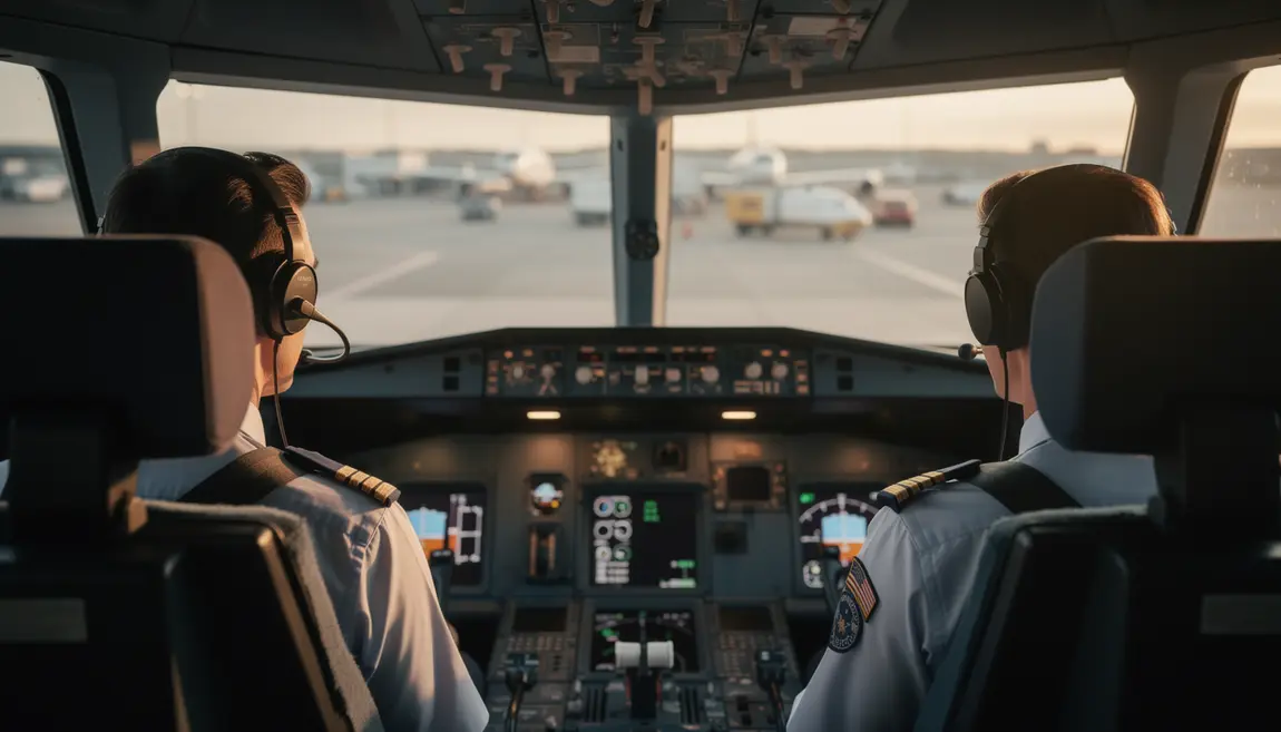 cockpit avion de ligne matin avec pilotes