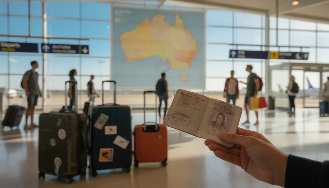 Visa Australie 2025, expatriés à l'aéroport avec valise et passeport