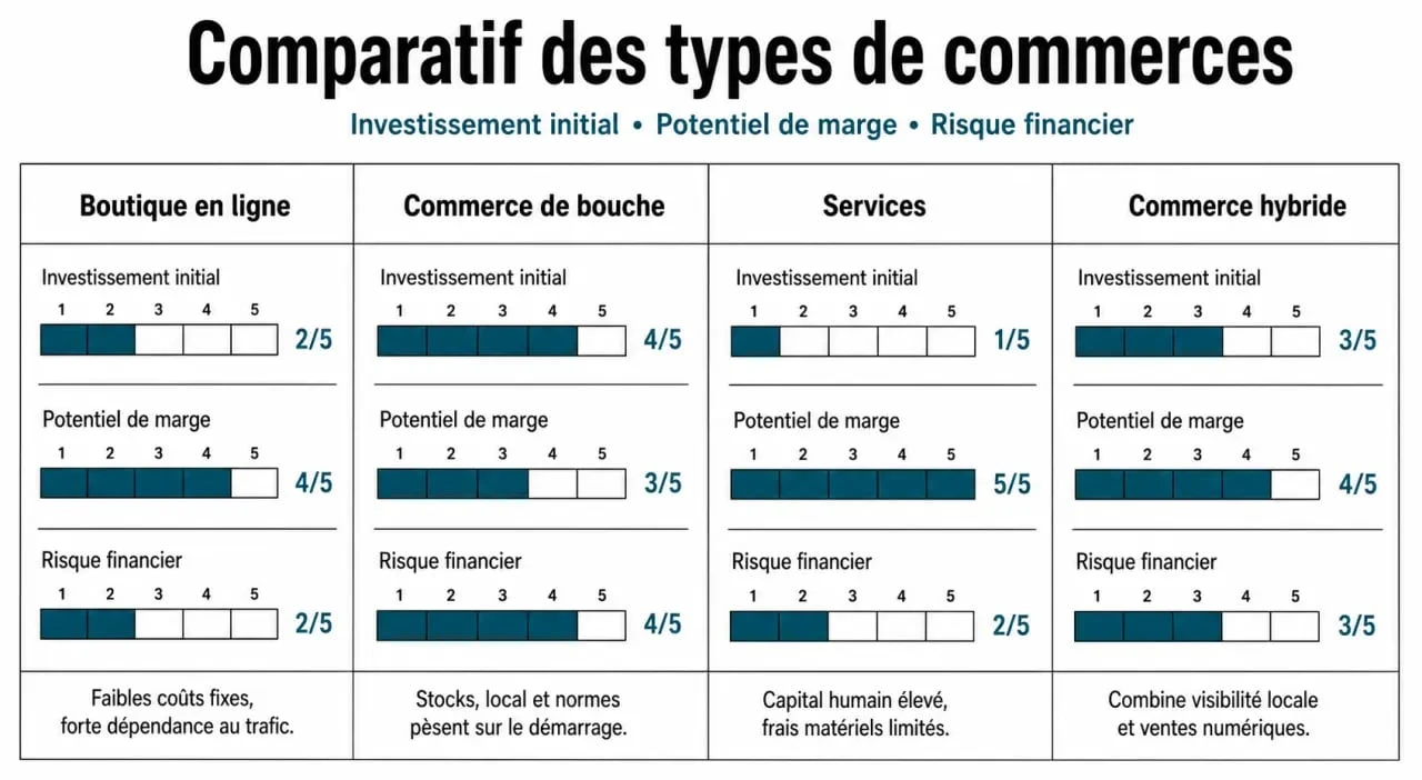 Infographie comparative des secteurs pour ouvrir un commerce rentable : investissement, marge et risque