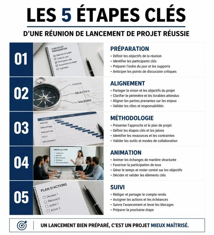 Infographie des étapes clés pour réussir une réunion kick off de projet