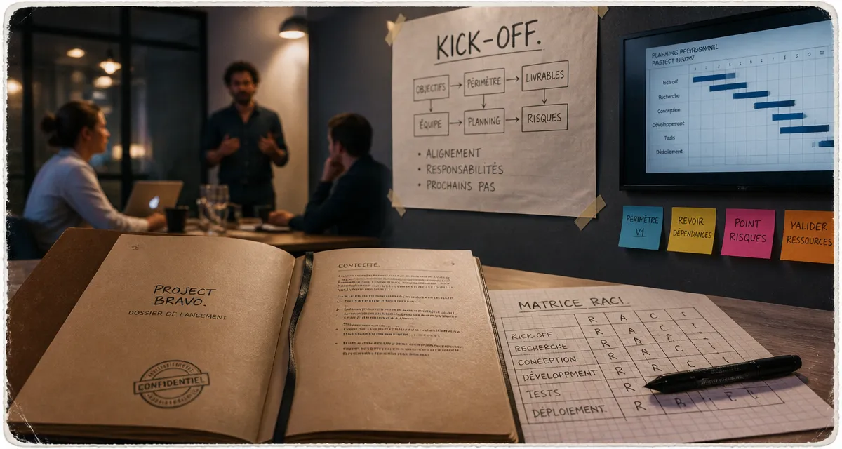 Réunion kick off : planning, RACI et kick-off en salle de réunion