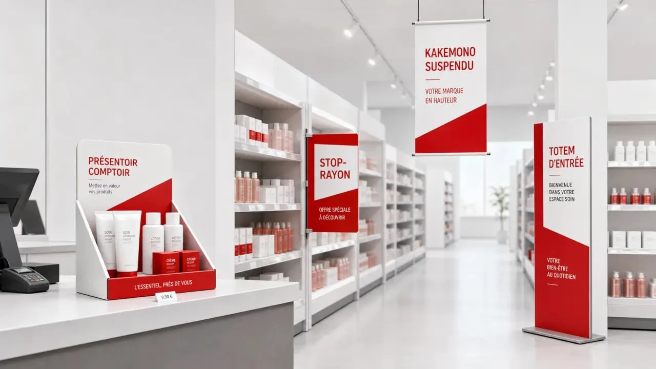 Exemple de plv en magasin avec présentoir de comptoir, stop-rayon, totem et kakemono