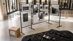 Panneau exposition : grille modulaire en métal noir pour affichage