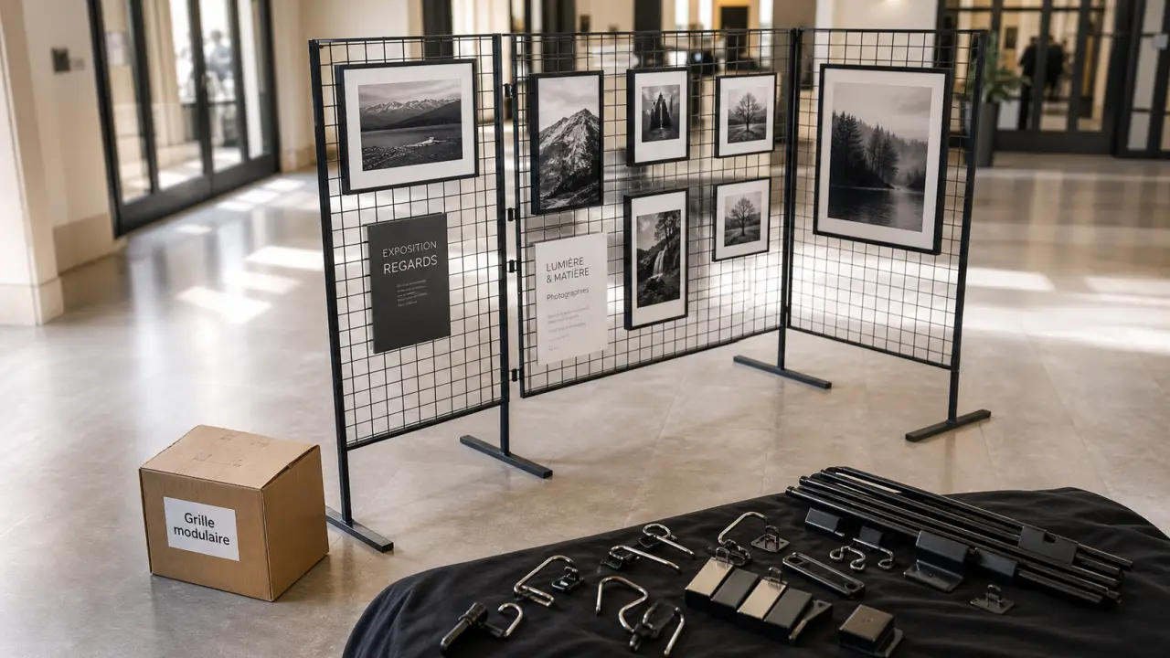 Panneau exposition : grille modulaire en métal noir pour affichage