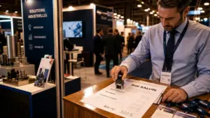 Participation salon professionnel : responsable prépare le stand pour viser 30 % ROI
