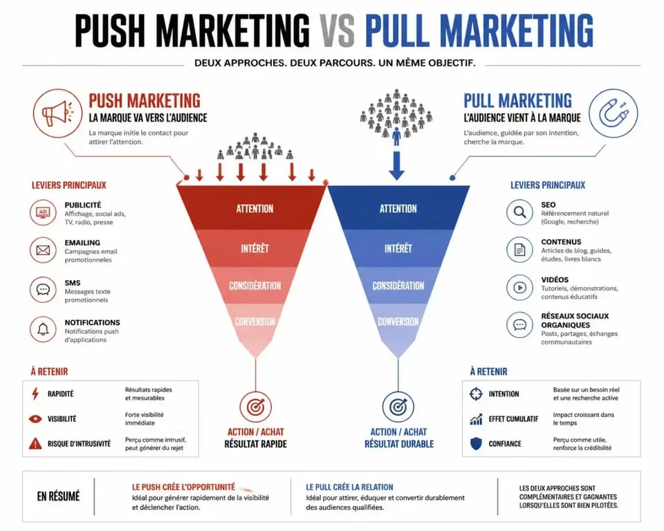 Infographie comparative du push marketing et du pull marketing dans l'entonnoir de conversion